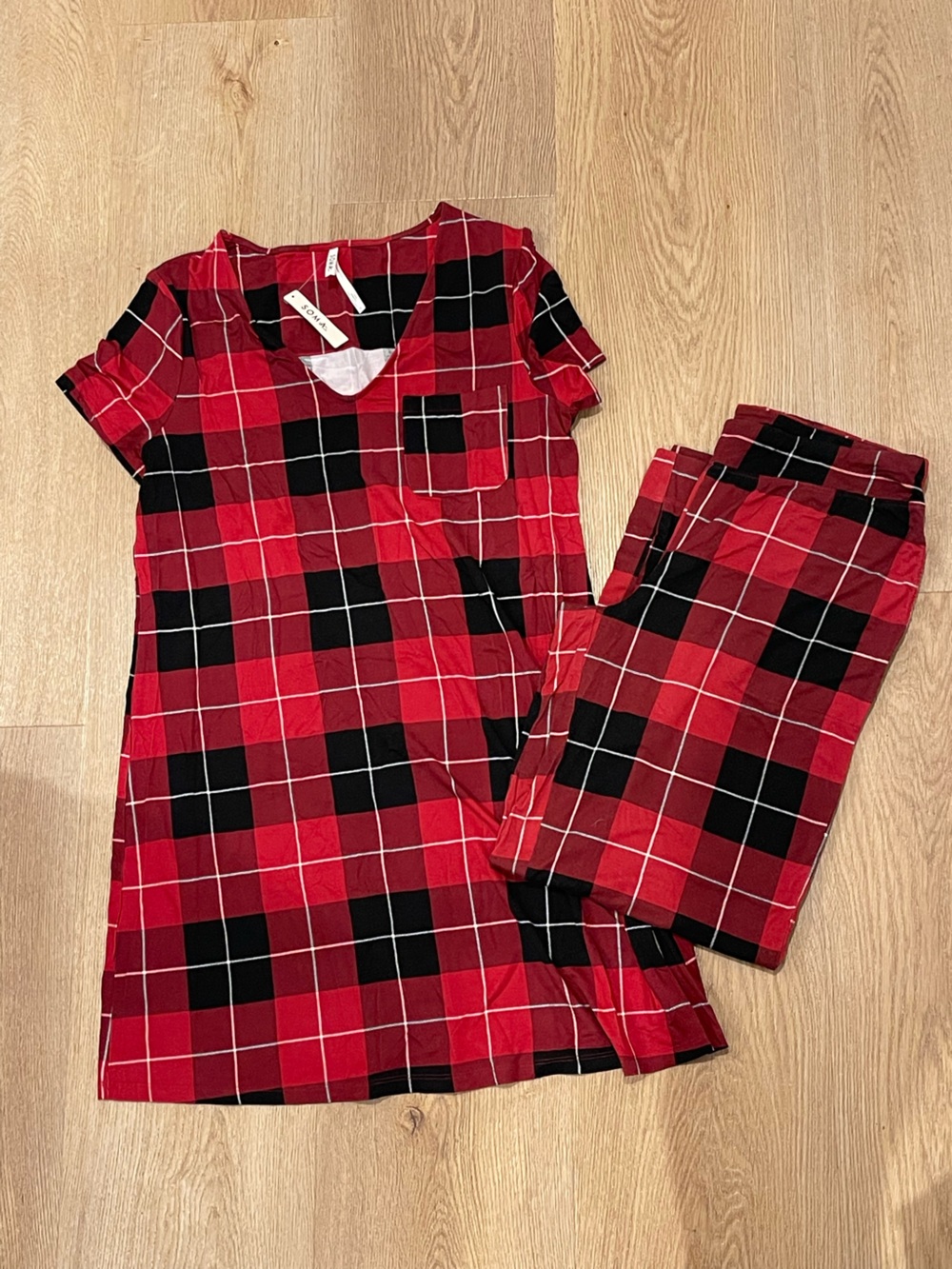 Soma Red and Black Plaid Short Sleeve Pajama Dress and Pants Women’s Medium